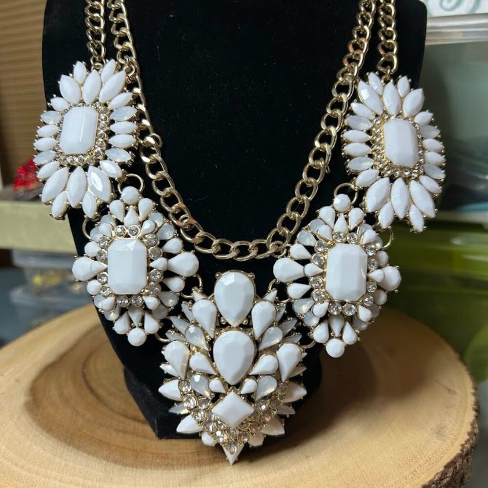 Vintage Gold White + Clear Rhinestone Runway Large Impressive Gold Tone Necklace